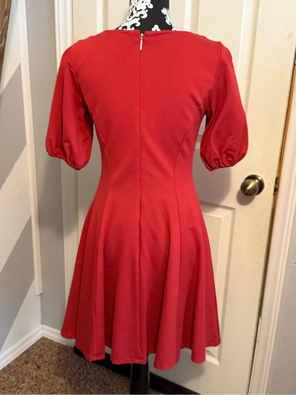 kate spade Red Scoop Neck Puff Sleeve Fit-and-Flare Dress